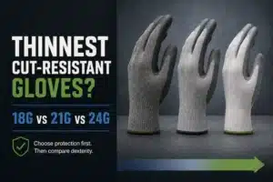 AI-generated comparison cover showing 18G, 21G and 24G cut-resistant glove constructions from thicker to thinner.
