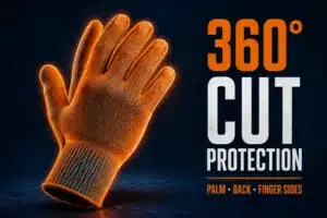 AI-generated 360-degree cut-protection concept highlighting coverage across the palm, back of hand and finger sides.